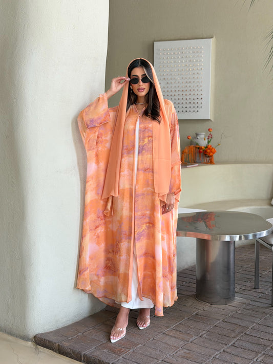 AT565 Sunset Bloom Double Chiffon Bisht Abaya
