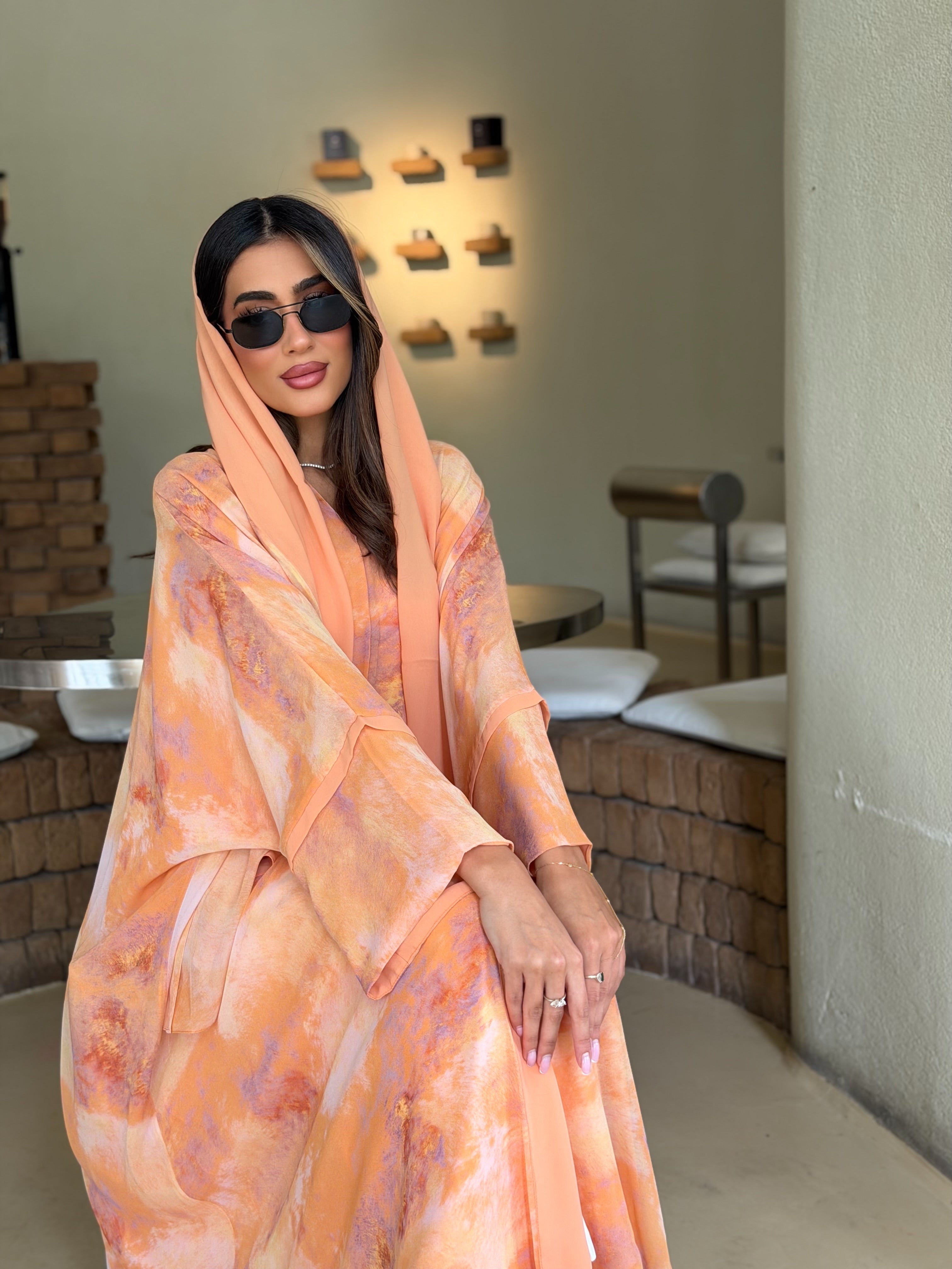 AT565 Sunset Bloom Double Chiffon Bisht Abaya