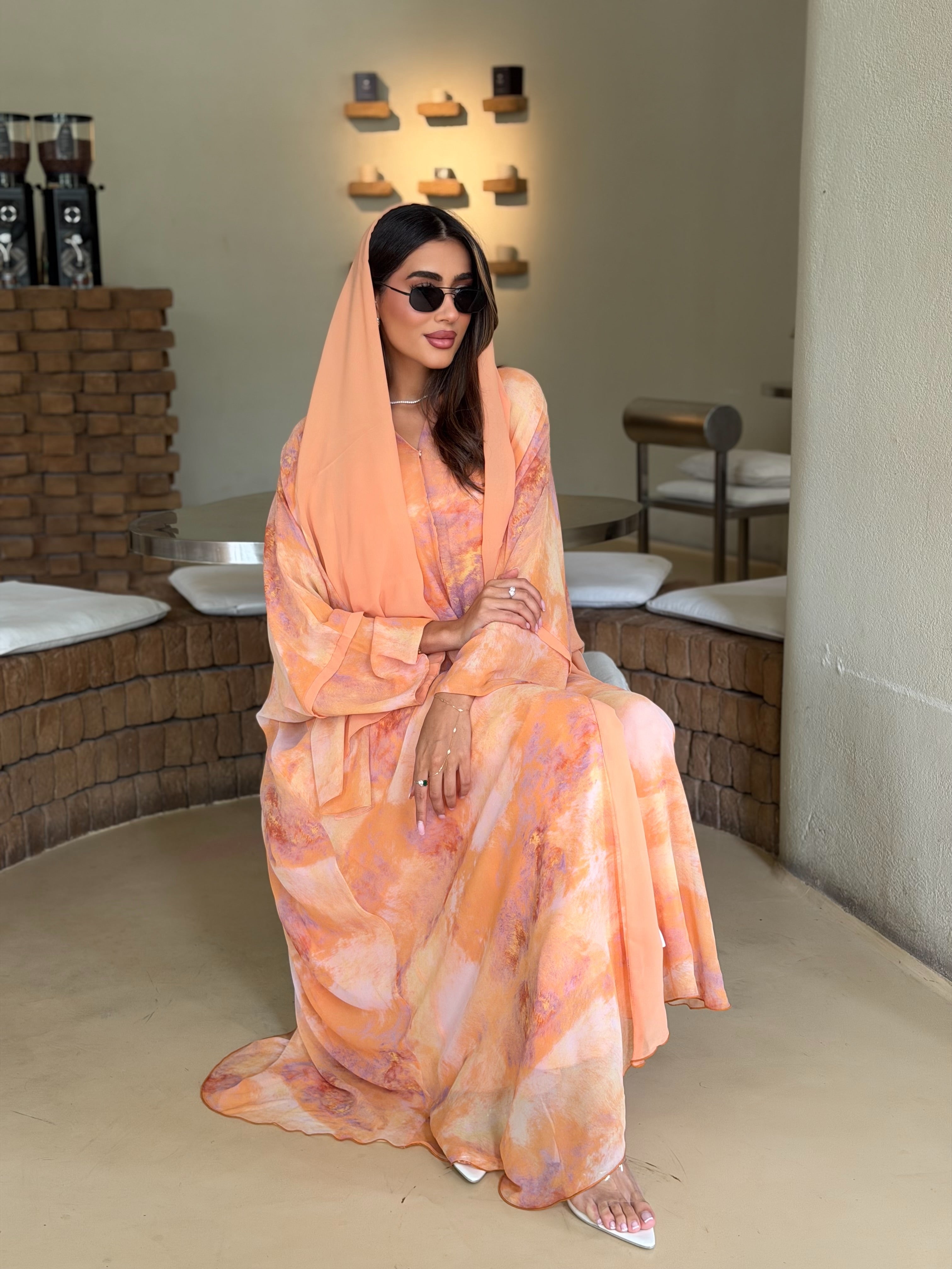 AT565 Sunset Bloom Double Chiffon Bisht Abaya