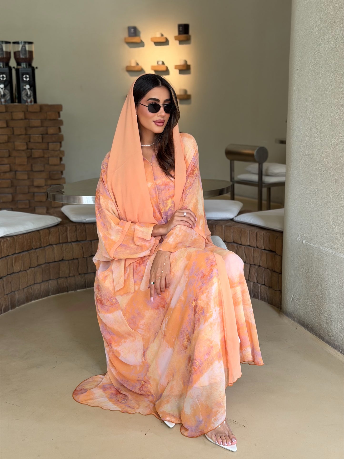 AT565 Sunset Bloom Double Chiffon Bisht Abaya