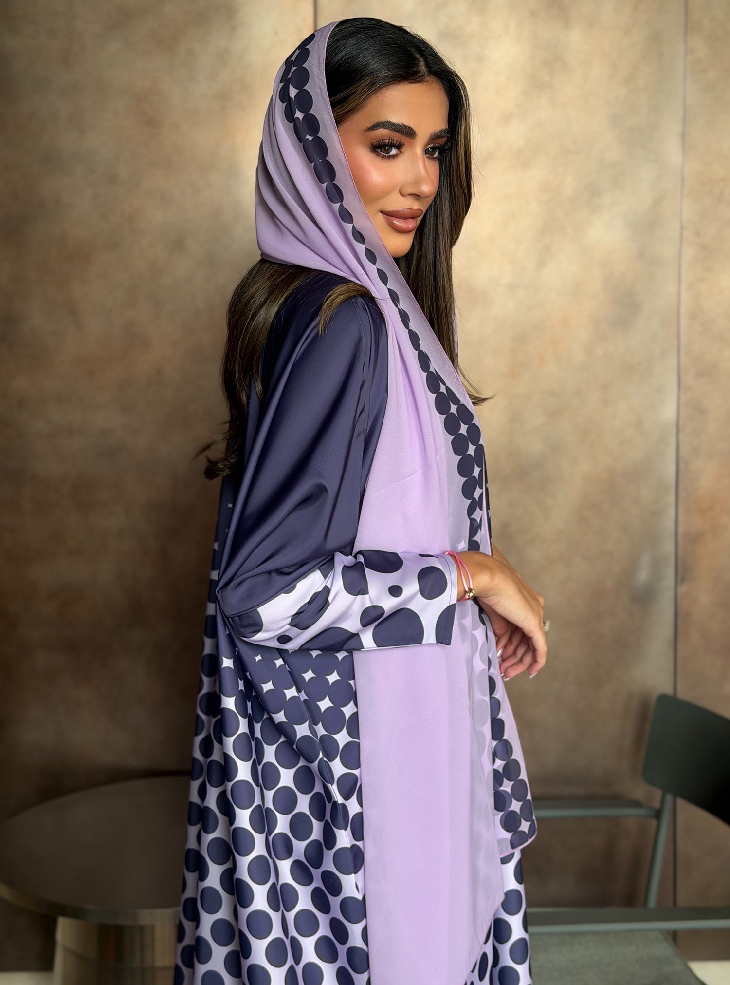 AT575 Polka print Bisht Abaya