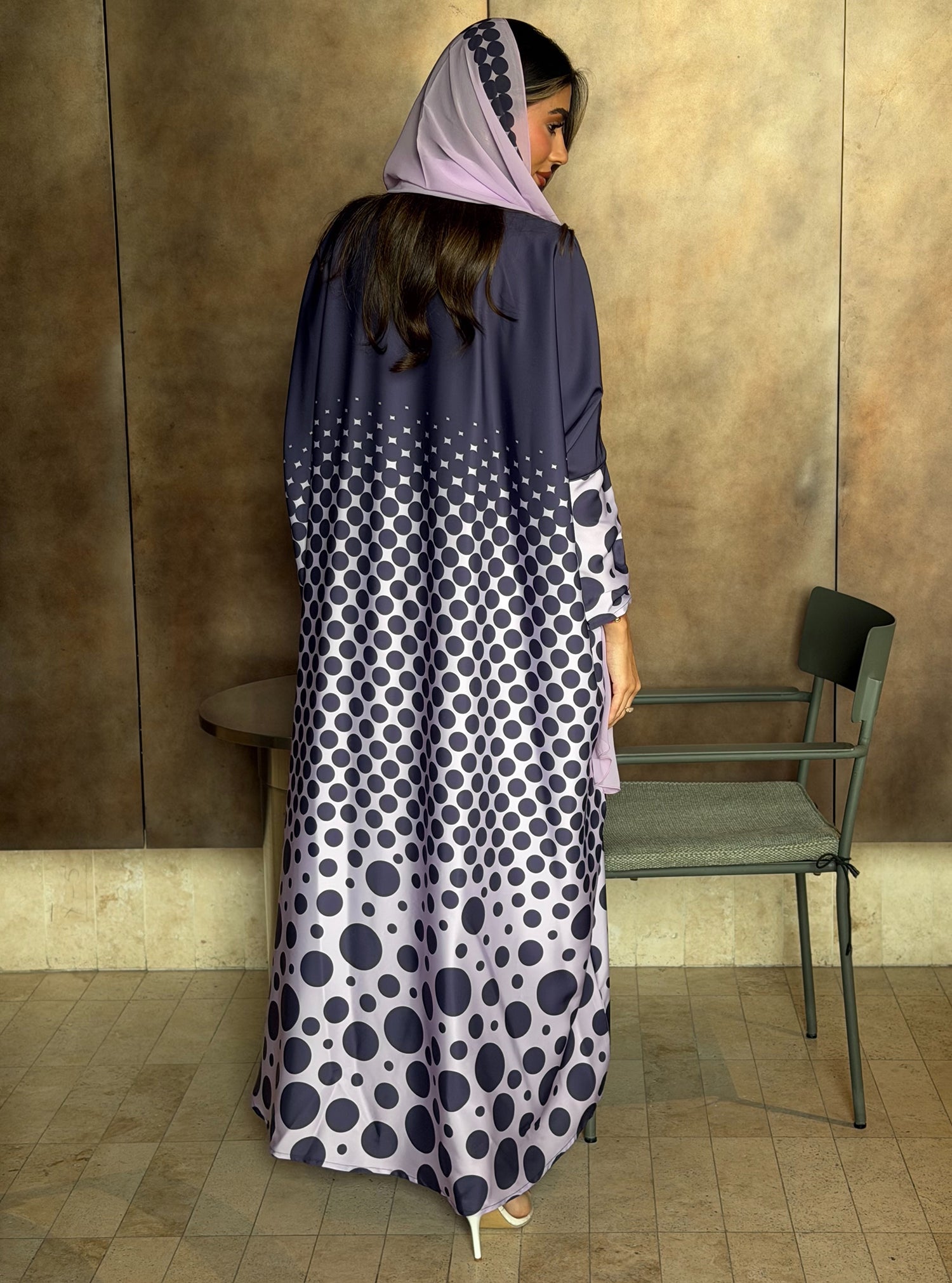 AT575 Polka print Bisht Abaya