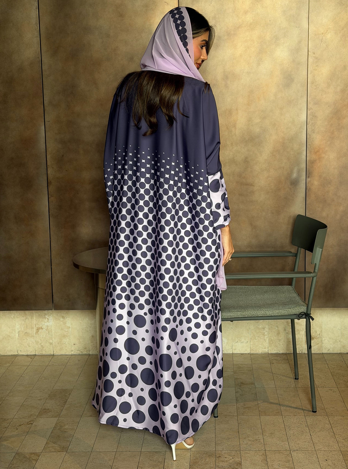 AT575 Polka print Bisht Abaya