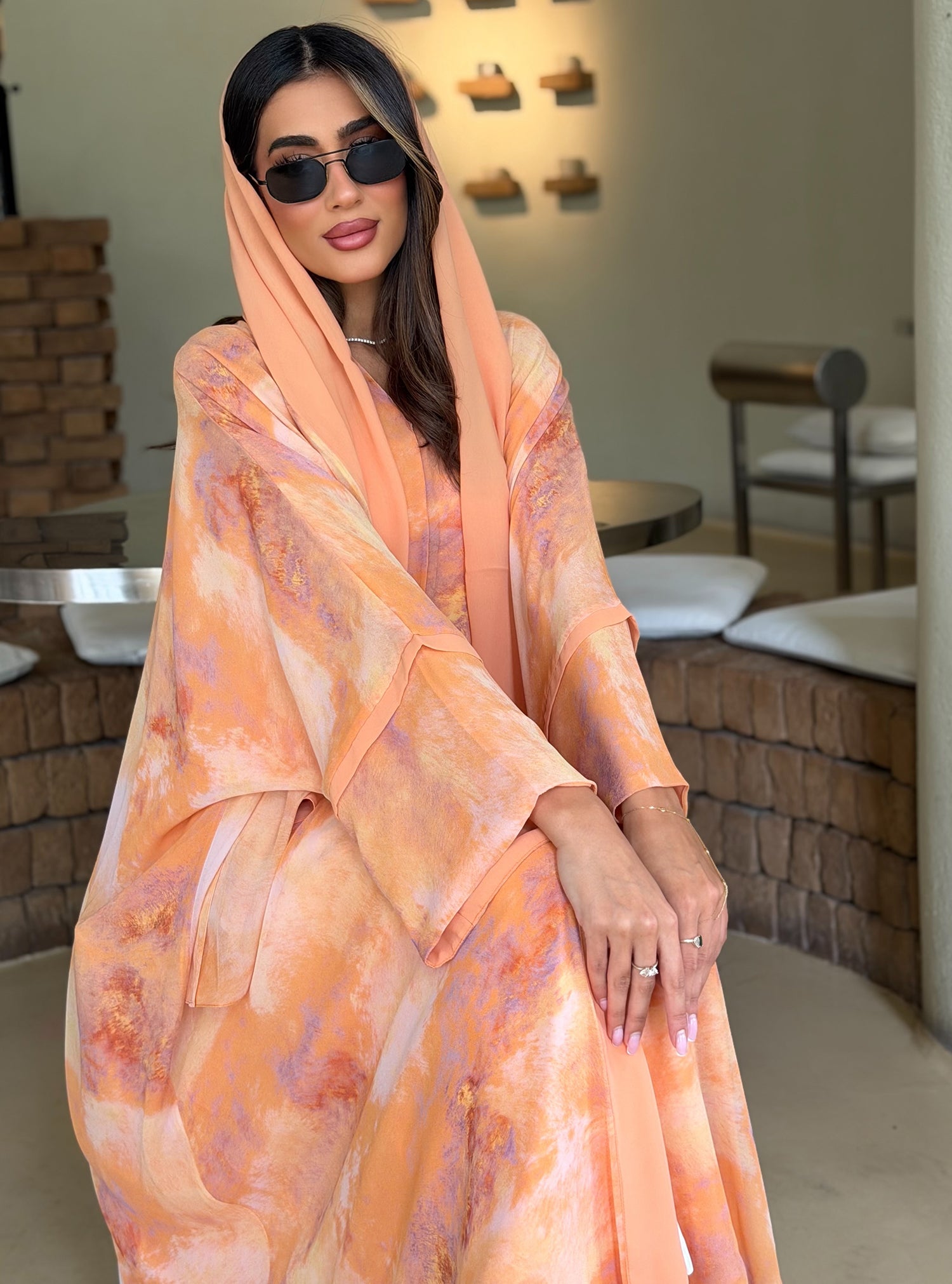 AT565 Sunset Bloom Double Chiffon Bisht Abaya