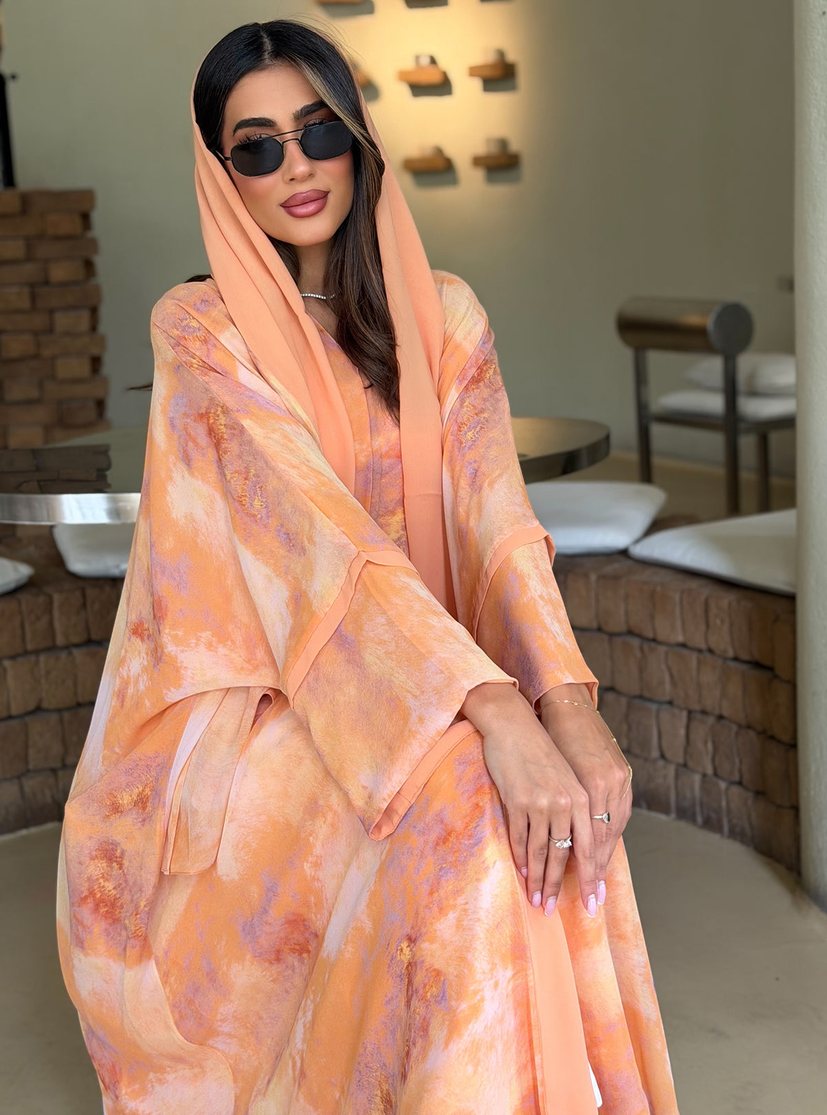 AT565 Sunset Bloom Double Chiffon Bisht Abaya