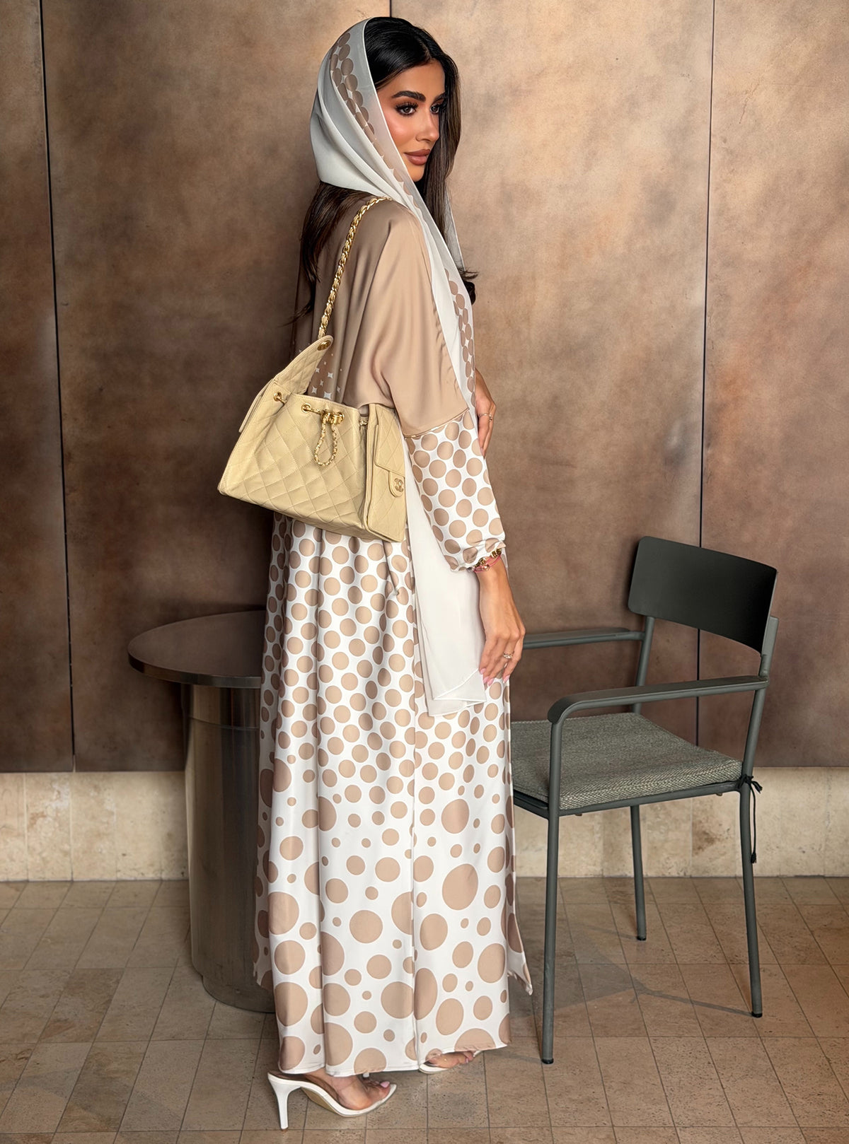 AT576 Polka print Bisht Abaya