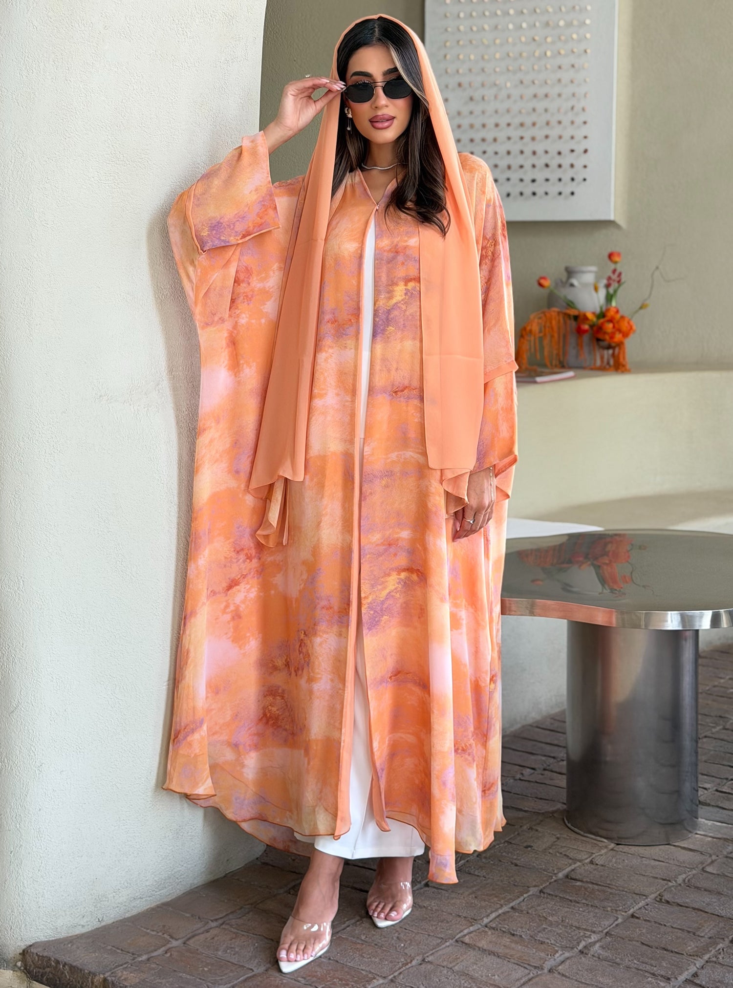 AT565 Sunset Bloom Double Chiffon Bisht Abaya
