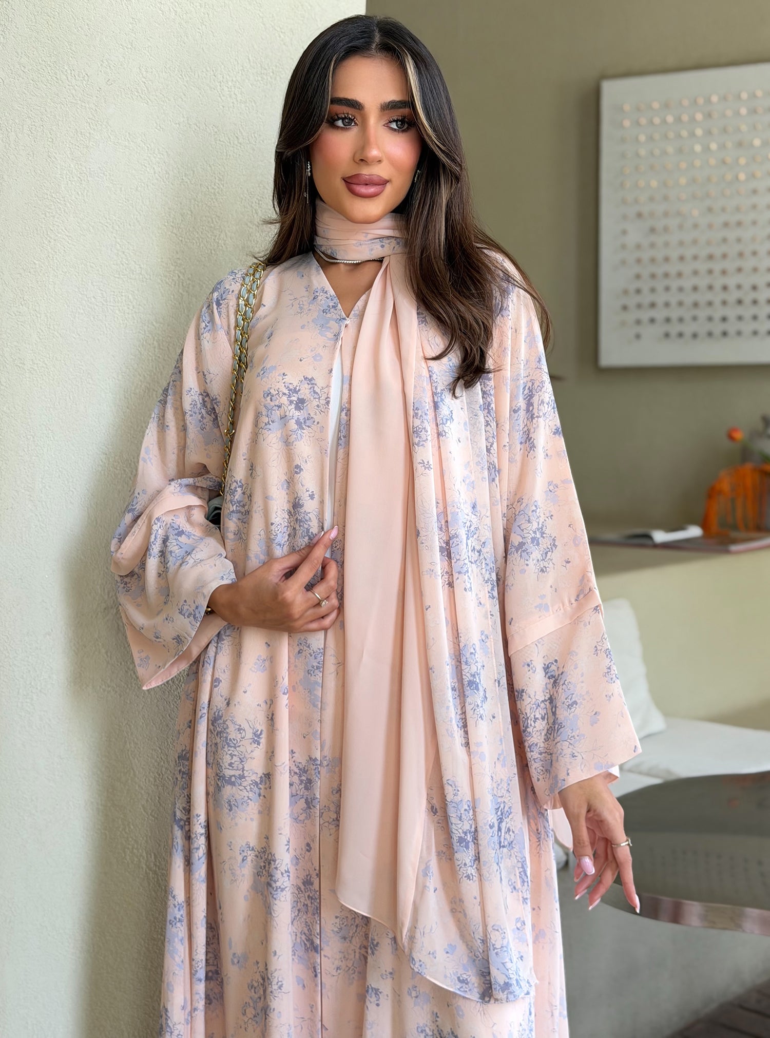 AT566 Blush Bloom Double Chiffon Bisht Abaya
